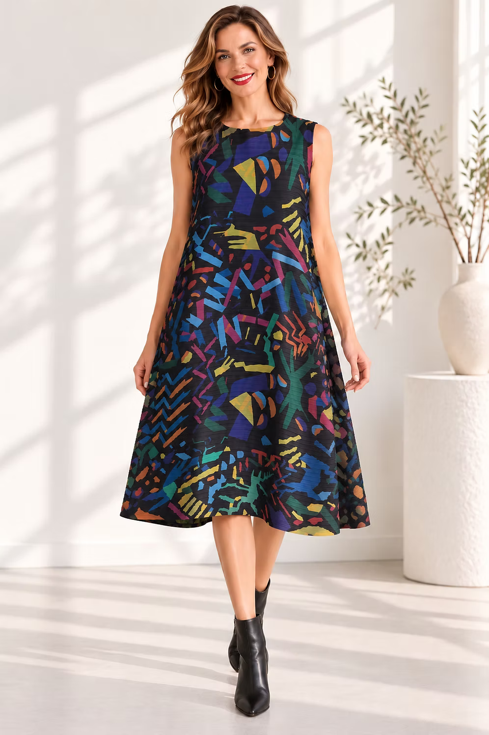 Vanite Couture Abstract Artistic Sleeveless Ribbed Dress - 88636 - BLACK MULTI