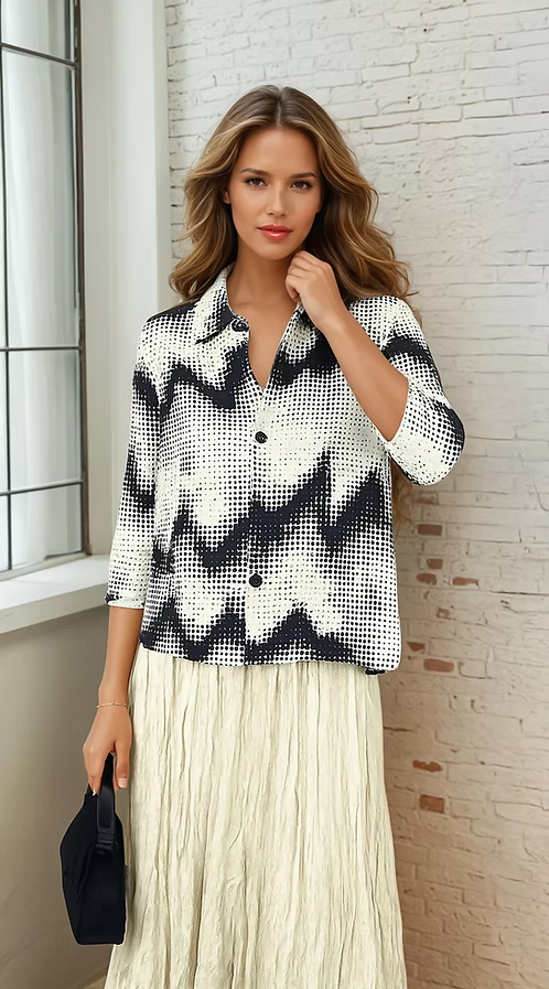 Vanite Couture Button Front Abstract Dot Pattern Jacket - 88517 - WHITE/BLACK