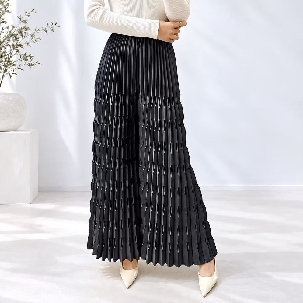Vanite Couture Pleated Flowy Pant - 88619 - BLACK