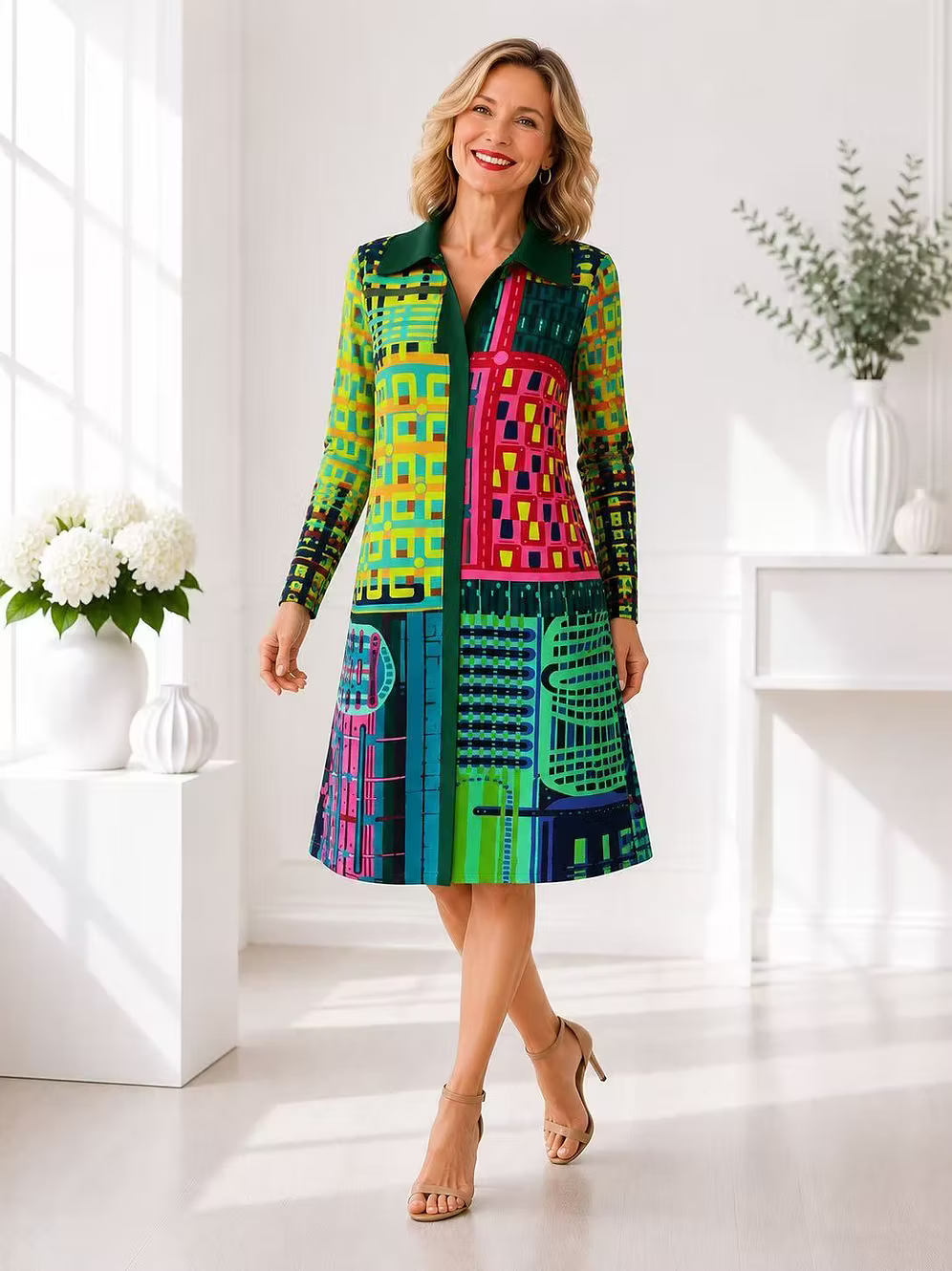 Vanite Couture Button Front Pleated Mixed Media Abstract Jacket/Dress - 88625 - Garden Mosaic