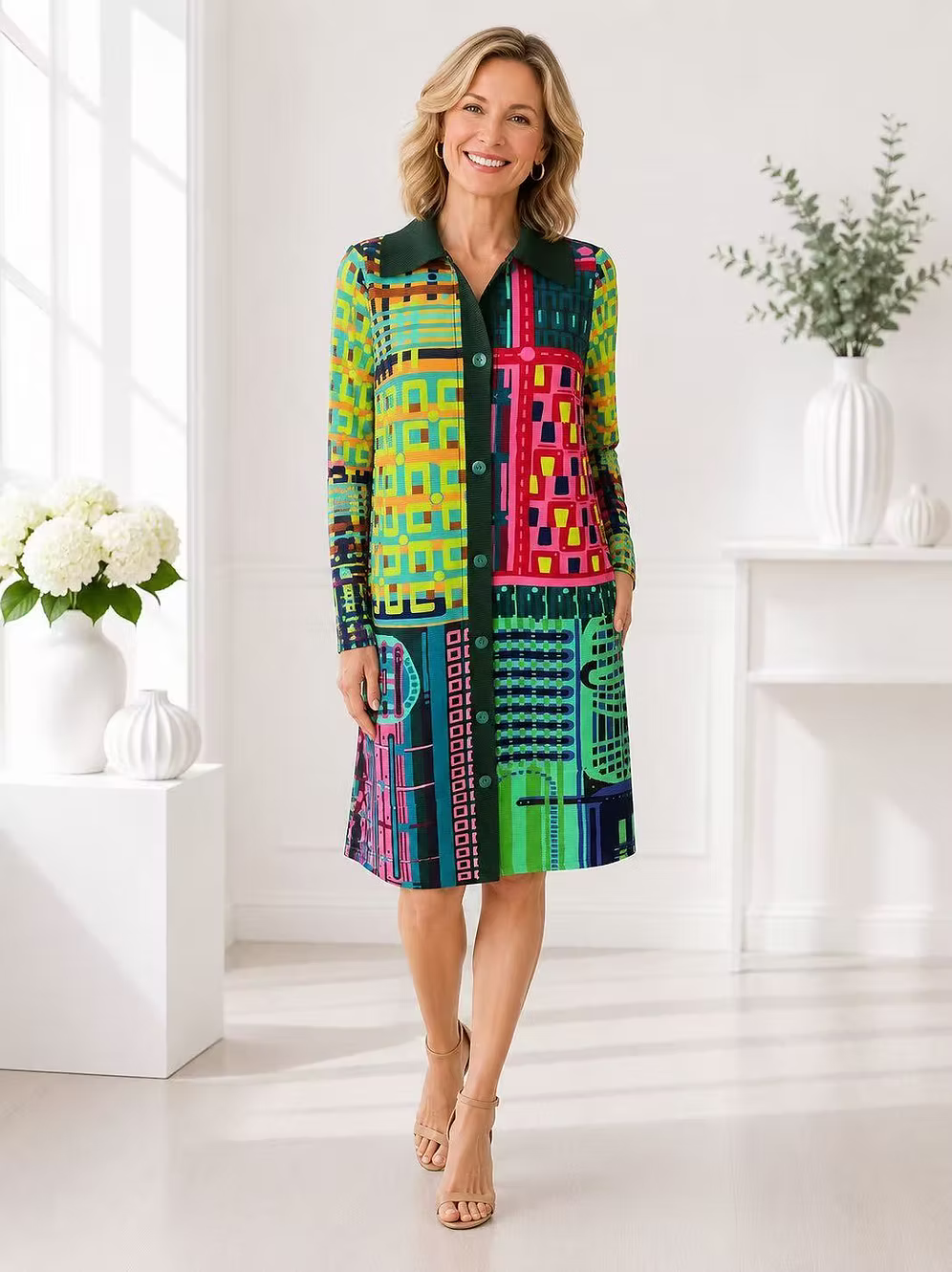 Vanite Couture Button Front Pleated Mixed Media Abstract Jacket/Dress - 88625 - Garden Mosaic