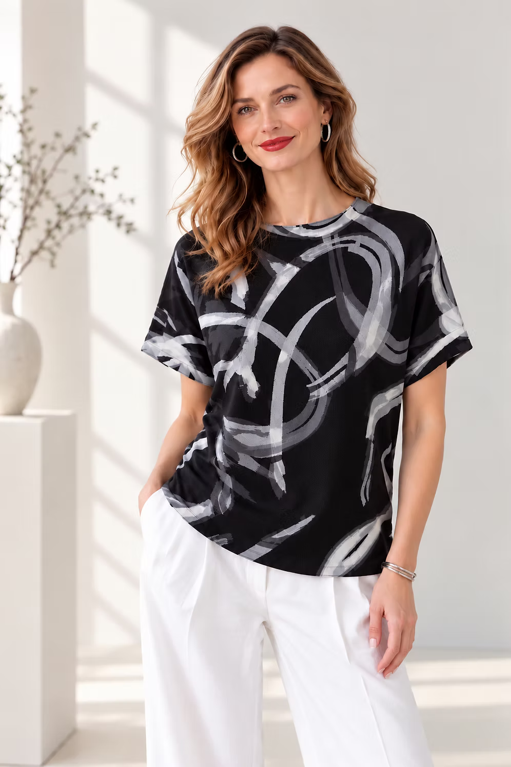 Vanite Couture Swirl Patterned Top - 88629 - BLACK