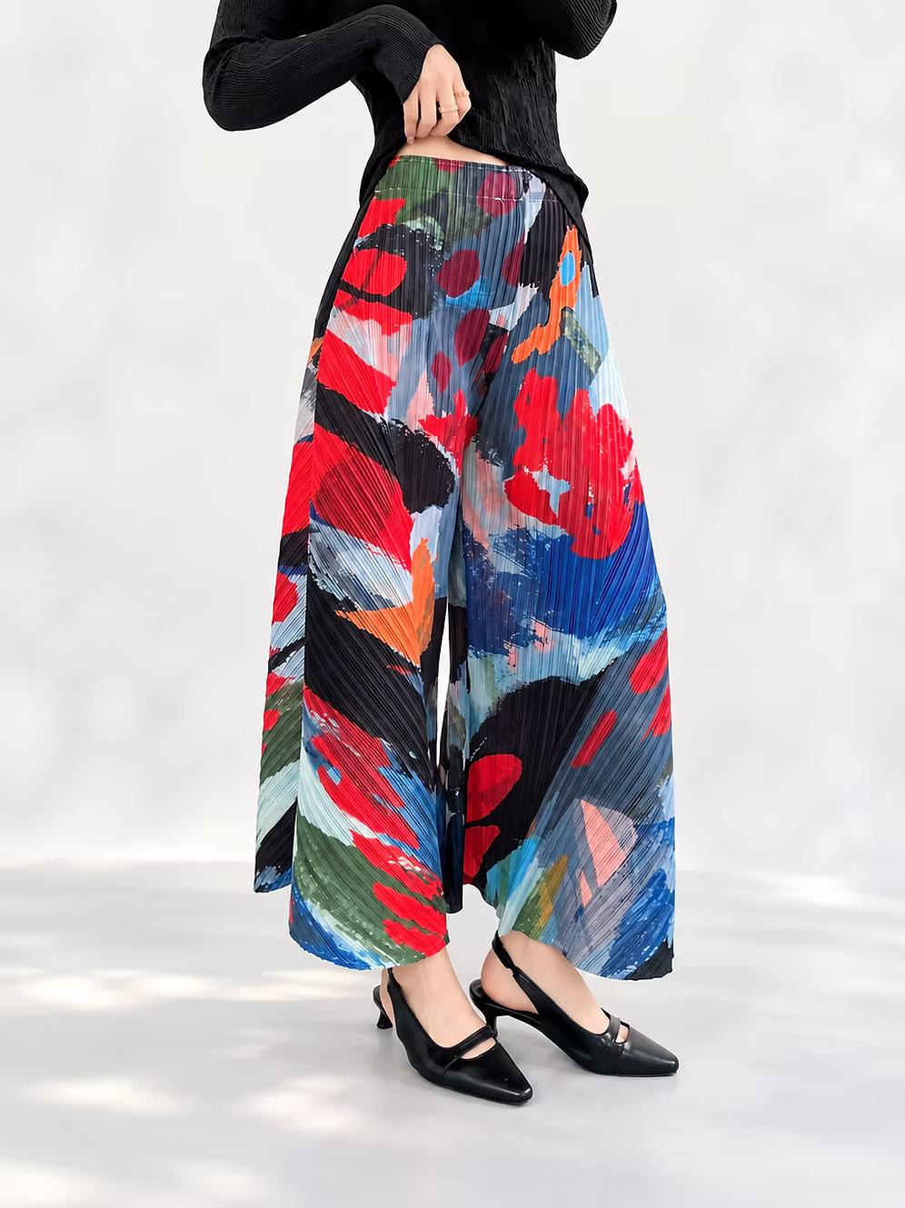 Vanite Couture Pleated Multicolor Artistic Wide Leg Pants - 88635 - RED ABSTRACT