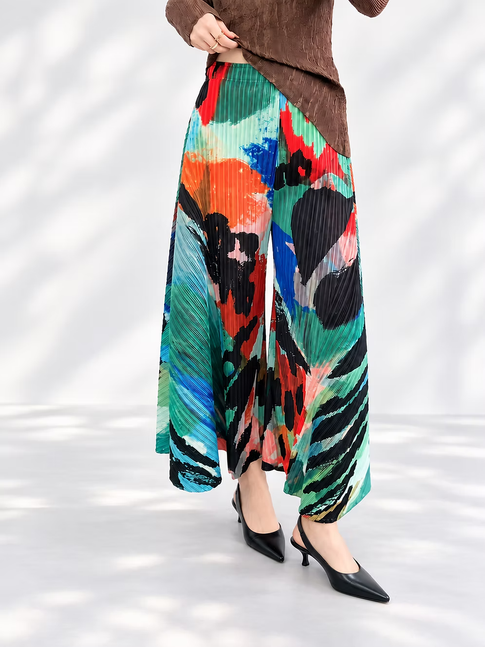 Vanite Couture Pleated Multicolor Artistic Wide Leg Pants - 88635 - GREEN ABSTRACT