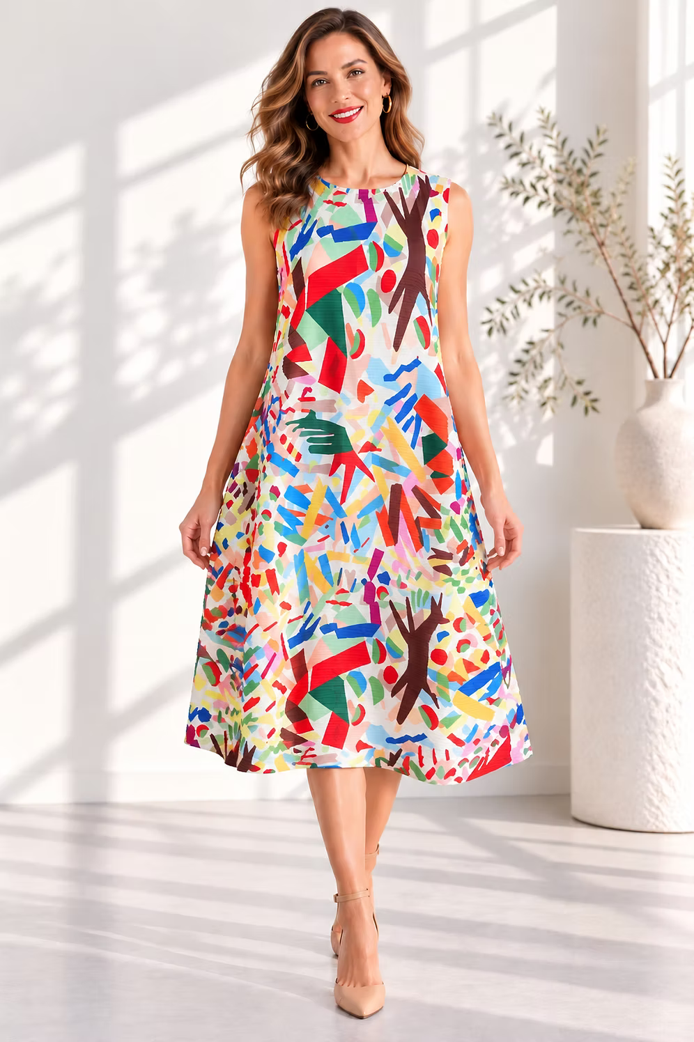 Vanite Couture Abstract Artistic Sleeveless Ribbed Dress - 88636 - CREAM/ORANGE MULTI
