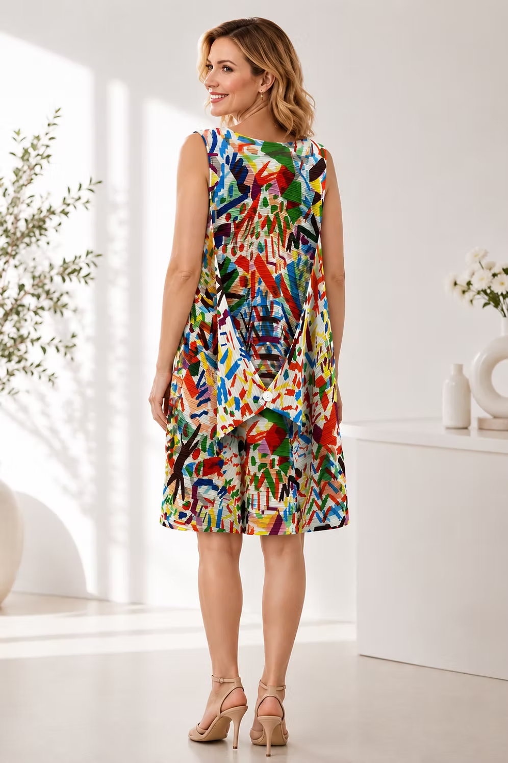 Vanite Couture Abstract Artistic Sleeveless Ribbed Dress - 88636 - CREAM/ORANGE MULTI