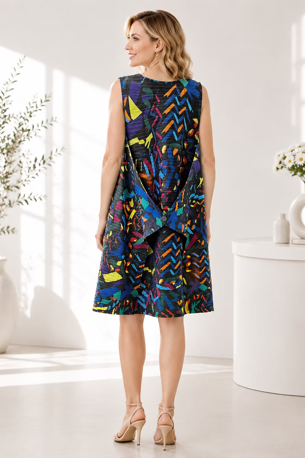 Vanite Couture Abstract Artistic Sleeveless Ribbed Dress - 88636 - BLACK MULTI