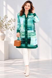 Vanite Couture Button Front Artistic Print Pleated Jacket - 88637 - GREEN FANTASY