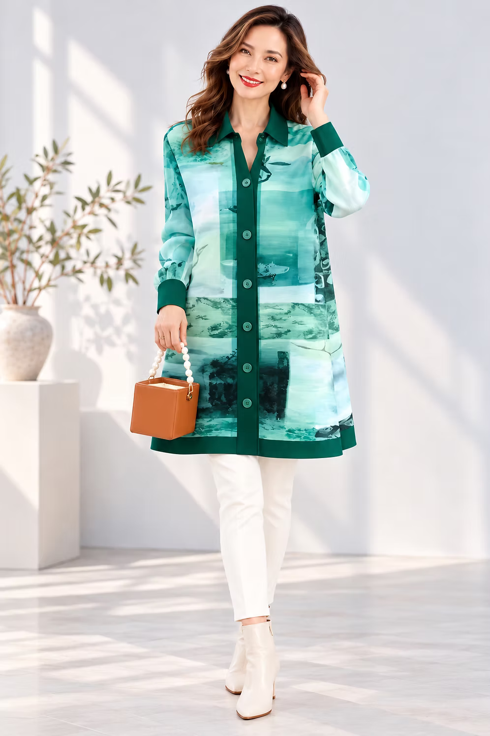 Vanite Couture Button Front Artistic Print Pleated Jacket - 88637 - GREEN FANTASY