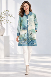 Vanite Couture Button Front Artistic Print Pleated Jacket - 88638 - BLUE/GREEN