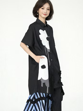 Vanite Couture Oversized Flower Detail Top - 8881 - BLACK FLOWERS