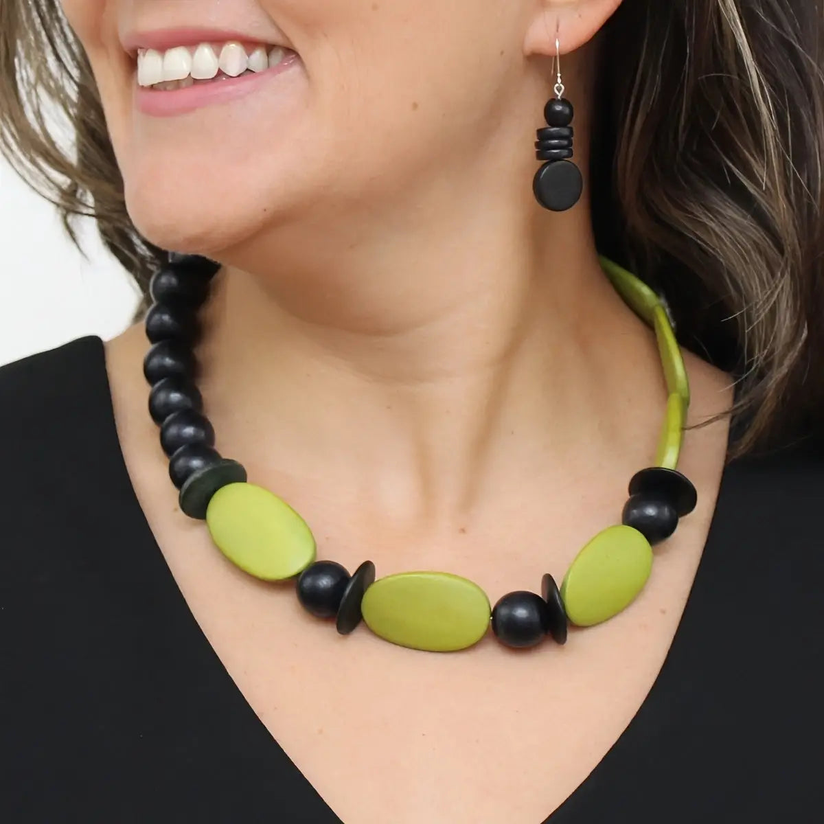 SYLCA Lime and Black Wood Statement Necklace - SD25N63 - LIME
