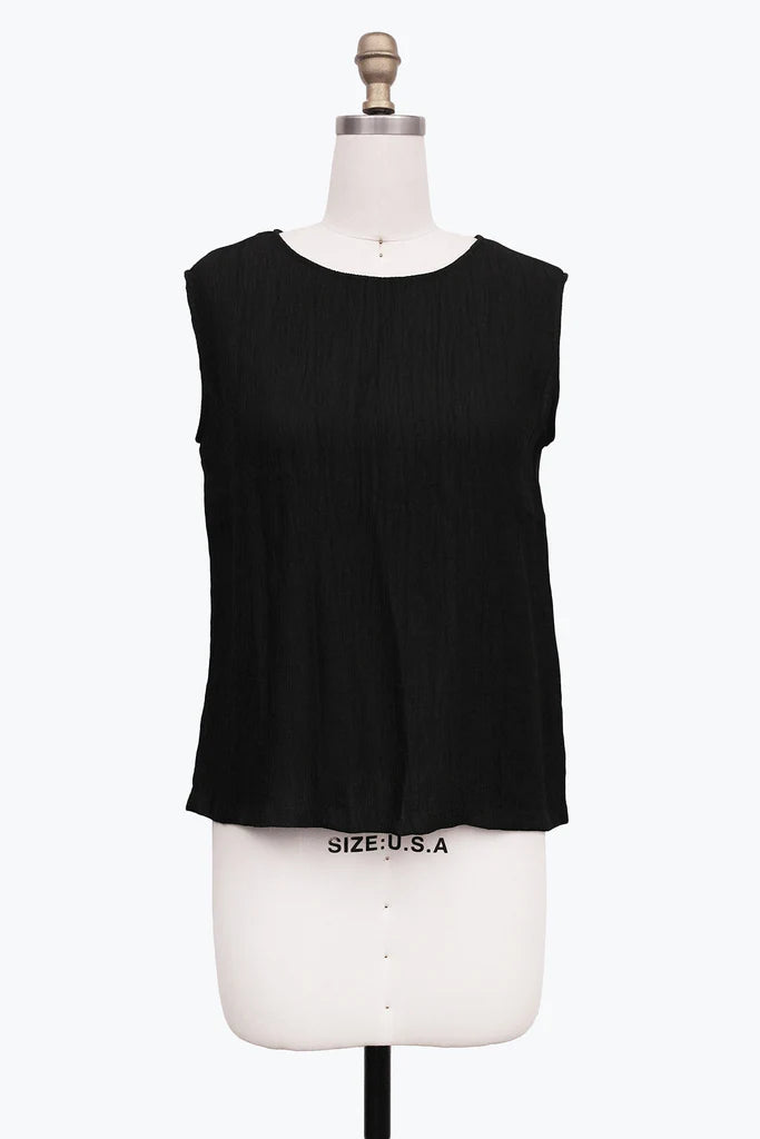DAMEE CRINKLED SLEEVELESS JEWEL NECK TOP - 901T-BLK