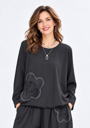 Vanite Couture Monochrome Flower Detail Top - 9025 - BLACK