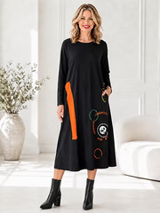 Vanite Couture Abstract Pattern Long Sleeve Dress - 9027 - ORANGE MULTI