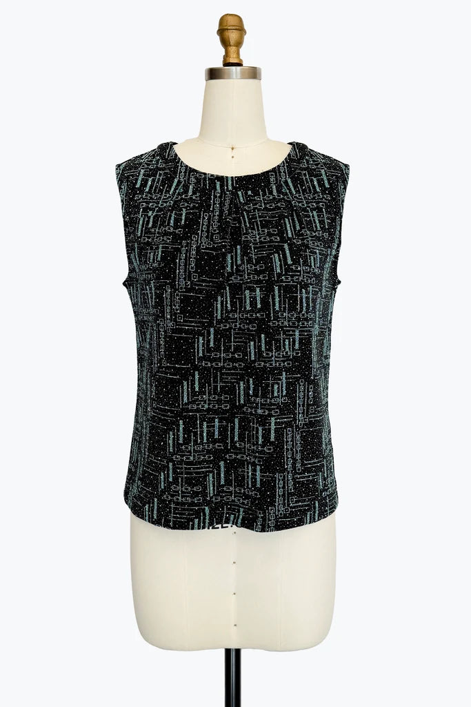 DAMEE AQUA AND BLACK GEOMETRIC DESIGN GLITTER AND RHINESTONE JEWEL NECK TANK TOP - 906T - AQUA