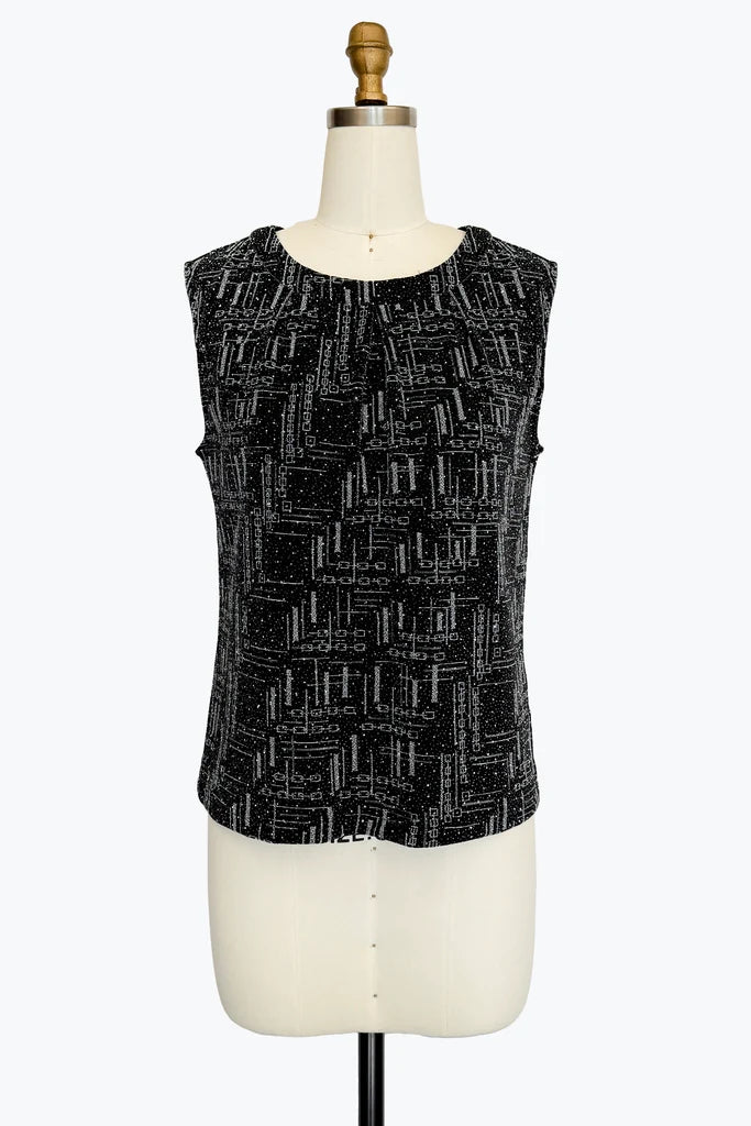 DAMEE SILVER AND BLACK GEOMETRIC DESIGN GLITTER AND RHINESTONE JEWEL NECK TANK TOP - 906T - SILVER