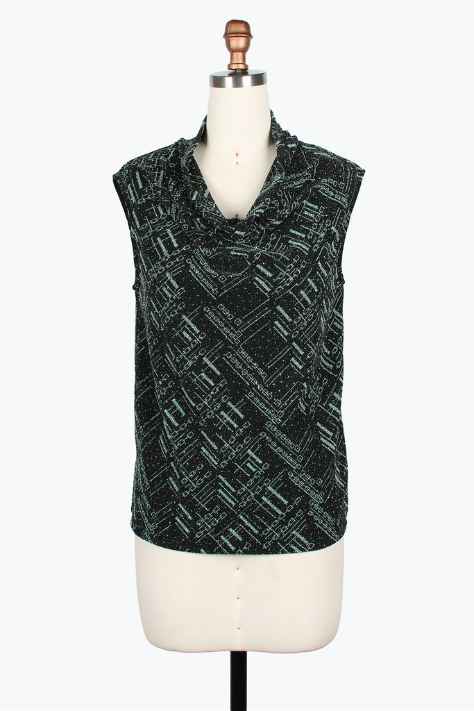 DAMEE AQUA AND BLACK GLITTER AND RHINESTONE COWL NECK TOP - 907T - AQUA