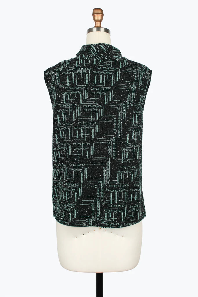 DAMEE AQUA AND BLACK GLITTER AND RHINESTONE COWL NECK TOP - 907T - AQUA