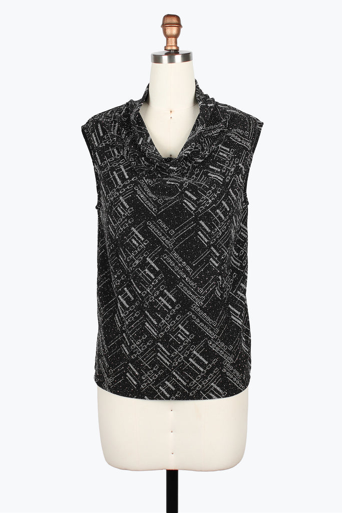 DAMEE SILVER AND BLACK GEOMETRIC GLITTER AND RHINESTONE COWL NECK - 907T - SILVER