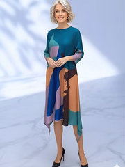 Vanite Couture Asymmetric Abstract Multicolor Dress - 91321 - TEAL MULTI