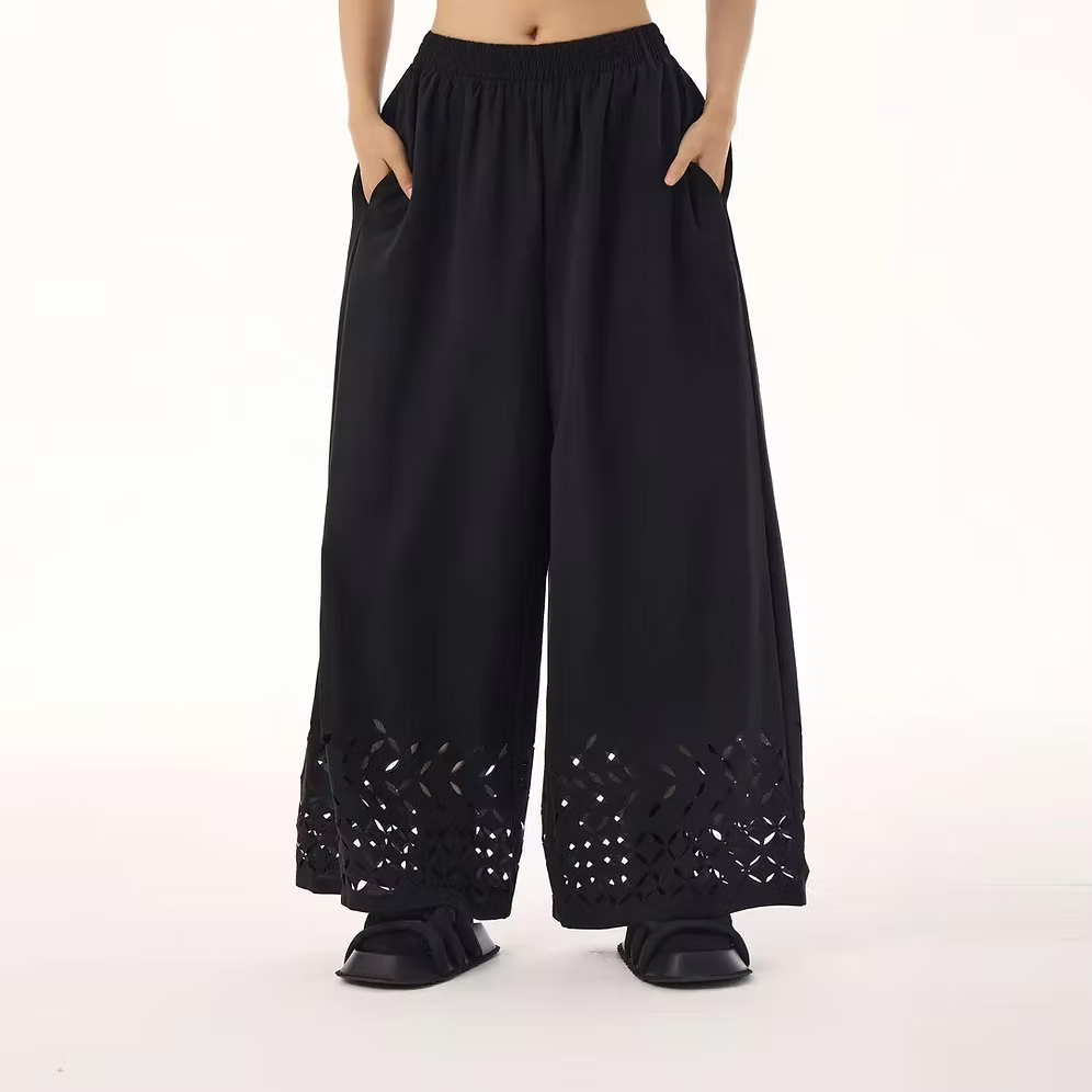 Vanite Couture Wide Leg Bottom Hem Detail Pants - 91657 - BLACK