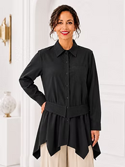 Vanite Couture Button Front Shark Bite Hem Belted Top - 92035 - BLACK