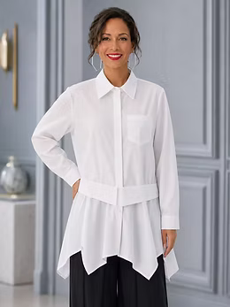 Vanite Couture Button Front Shark Bite Hem Belted Top - 92035 - WHITE