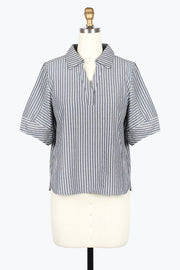 DAMEE STRIPE SEERSUCKER COLLARED V-NECK TOP - 9237-DNM