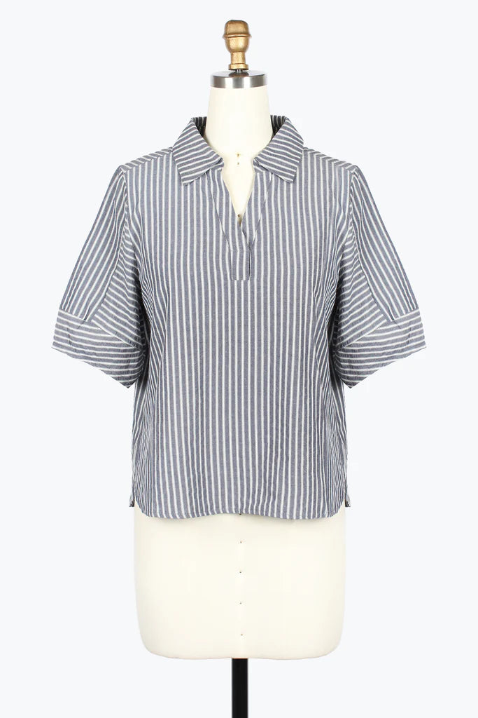DAMEE STRIPE SEERSUCKER COLLARED V-NECK TOP - 9237-DNM