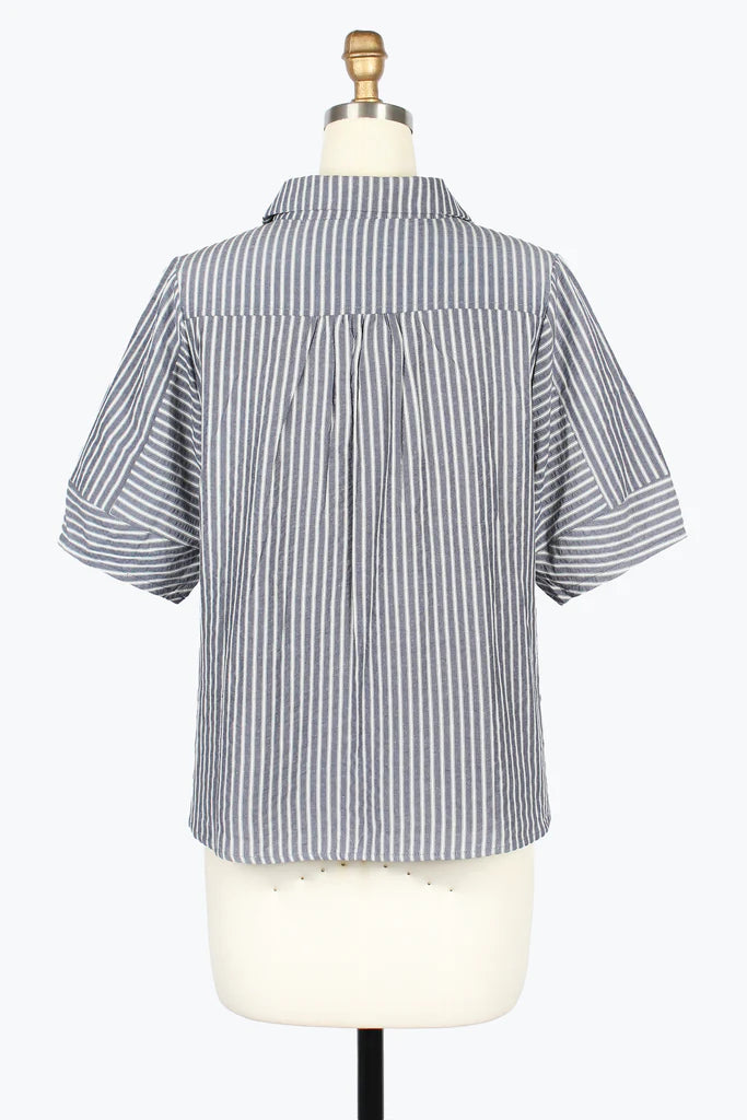 DAMEE STRIPE SEERSUCKER COLLARED V-NECK TOP - 9237-DNM