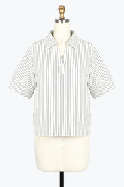 DAMEE STRIPE SEERSUCKER COLLARED V-NECK TOP - 9237-WHT