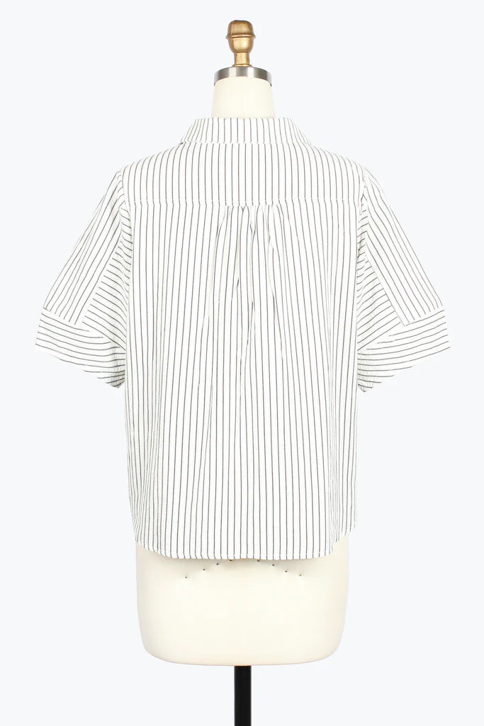 DAMEE STRIPE SEERSUCKER COLLARED V-NECK TOP - 9237-WHT