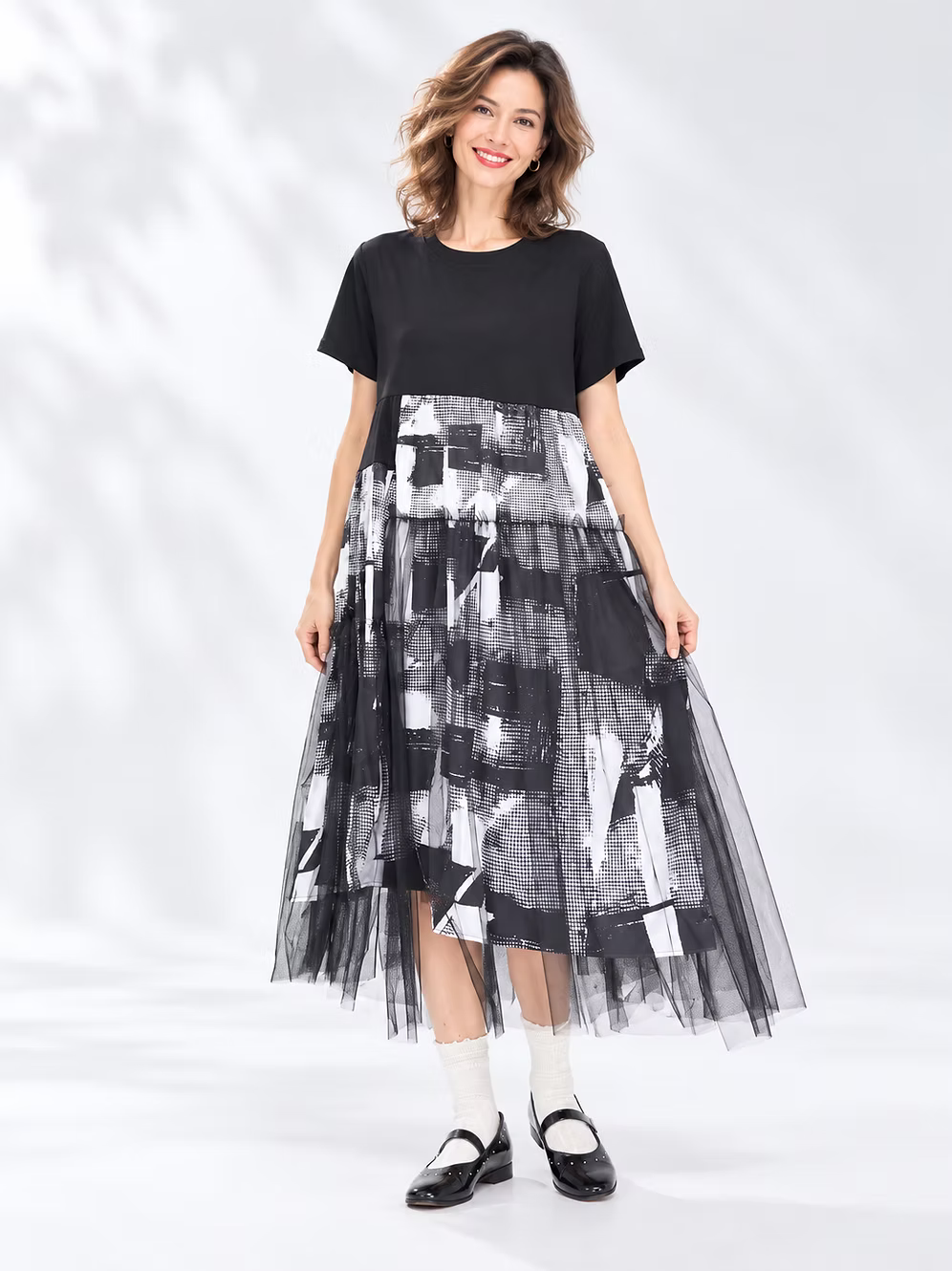 Vanite Couture Layered Print Dress - 9609 - BLACK/WHITE