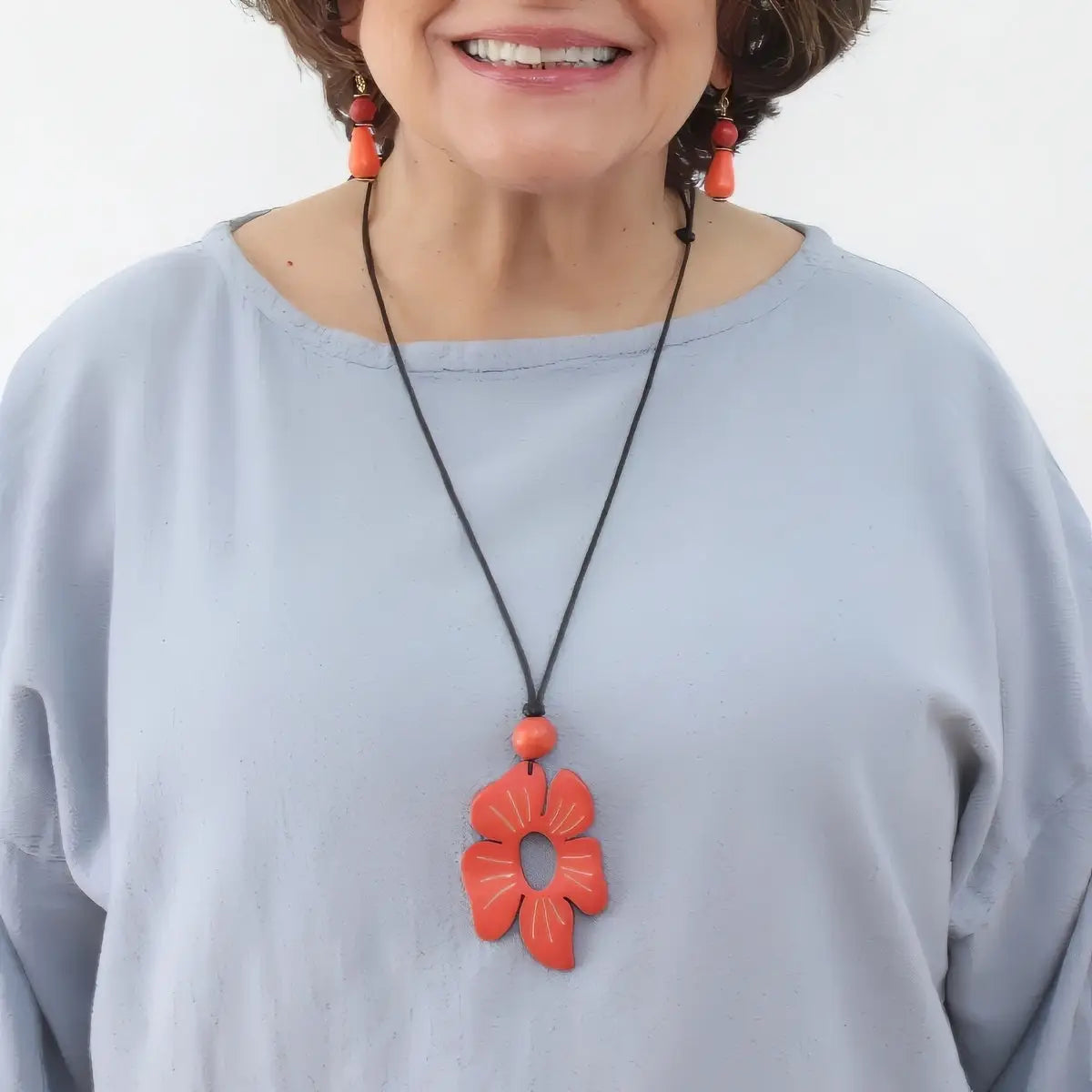 SYLCA Coral Hibiscus Flower Pendant