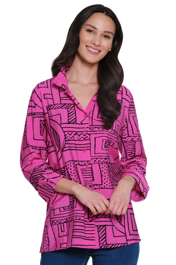 Ali Miles Woven Printed Button Front Blouse - A15331BM - BRTPNK
