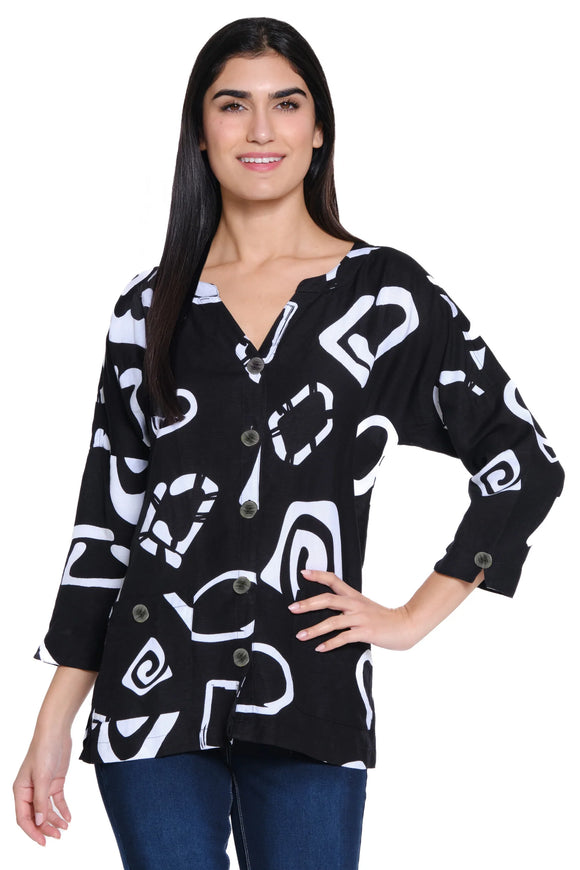 Ali Miles Woven Button Front Tunic - A25403BM - BLKWHT