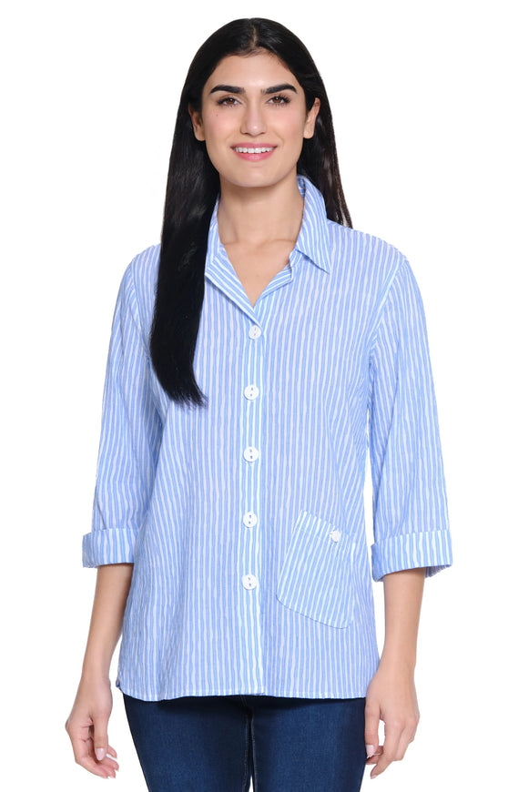Ali Miles Woven Yarn Dye Button Front Tunic - A25420BM - WHTBLU