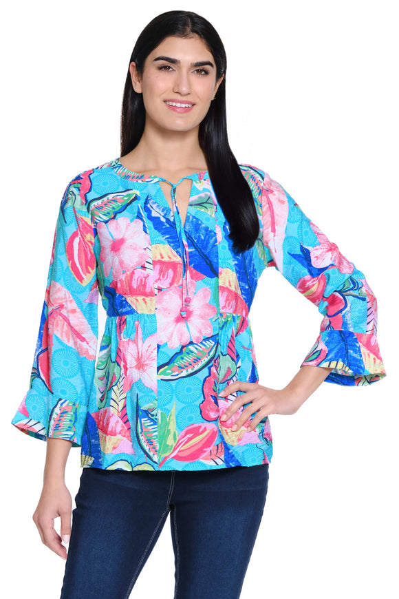 Ali Miles Printed Woven Pop-Over Blouse - A25426TM - LEAFML