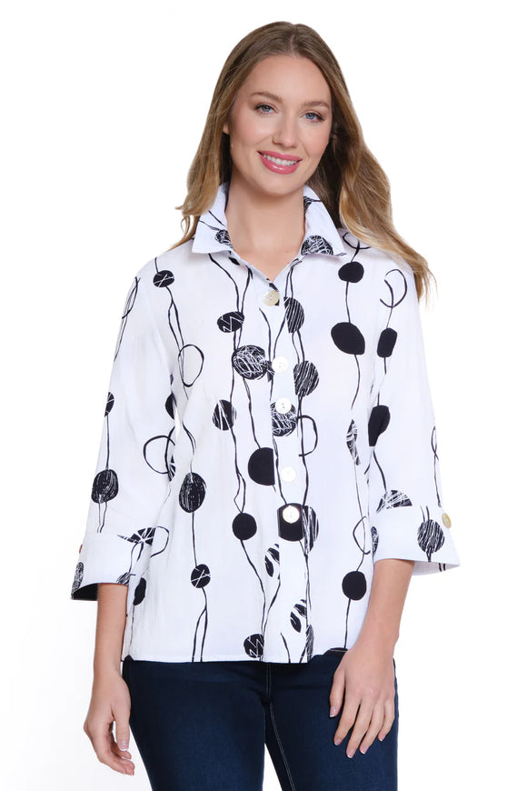 Ali Miles Printed Woven Crinkle Button Tunic - A55104BM - BLACK/WHITE PRINT