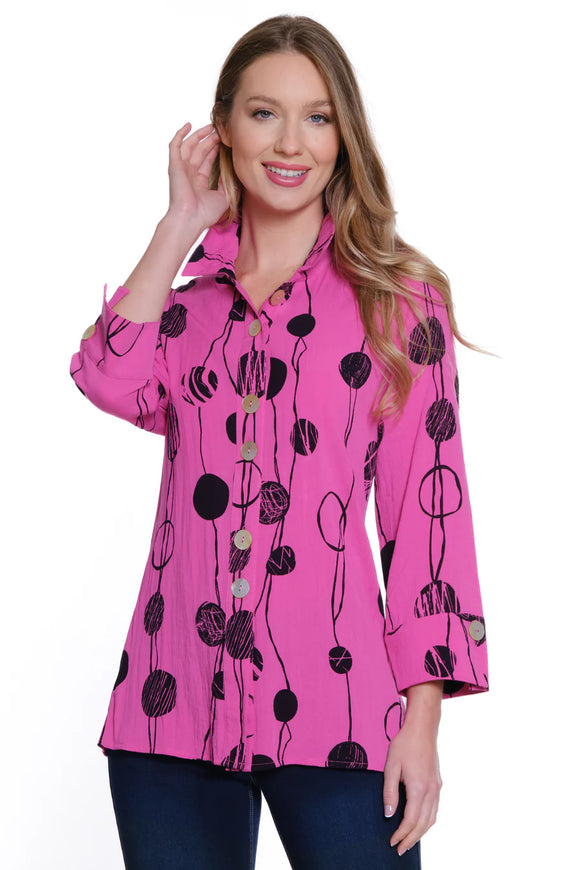 Ali Miles Printed Woven Crinkle Button Tunic - A55104BM - BRIGHT PINK