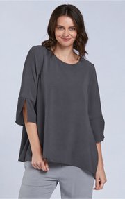 Sydney Project Belle Round Neck Flowy Top w/ 3/4 Sleeves and Slit - AFT1151 - CHARCOAL