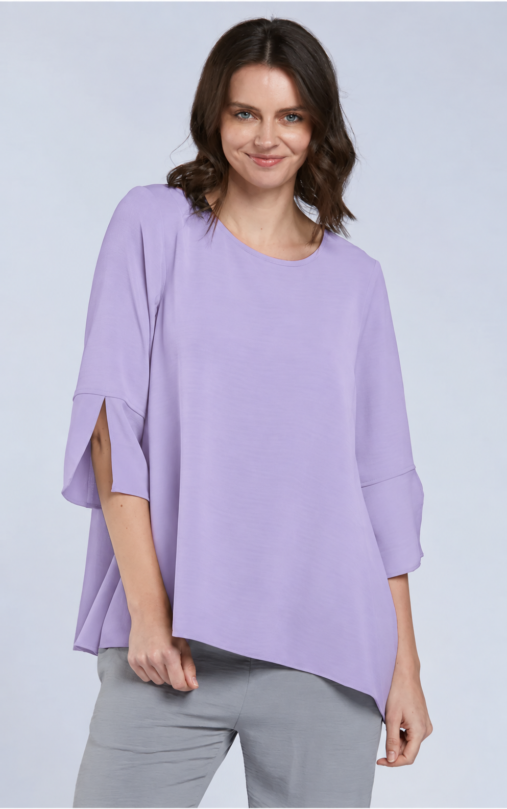Sydney Project Belle Round Neck Flowy Top w/ 3/4 Sleeves and Slit - AFT1151 - LAVENDER