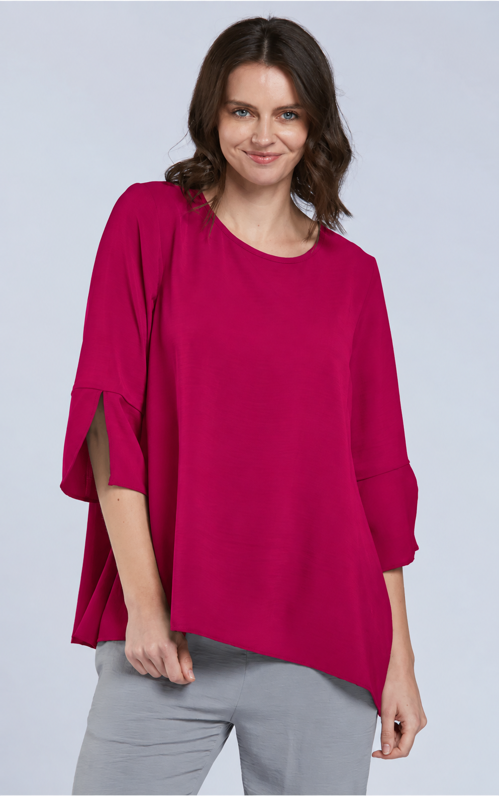 Sydney Project Belle Round Neck Flowy Top w/ 3/4 Sleeves and Slit - AFT1151 - MAGENTA