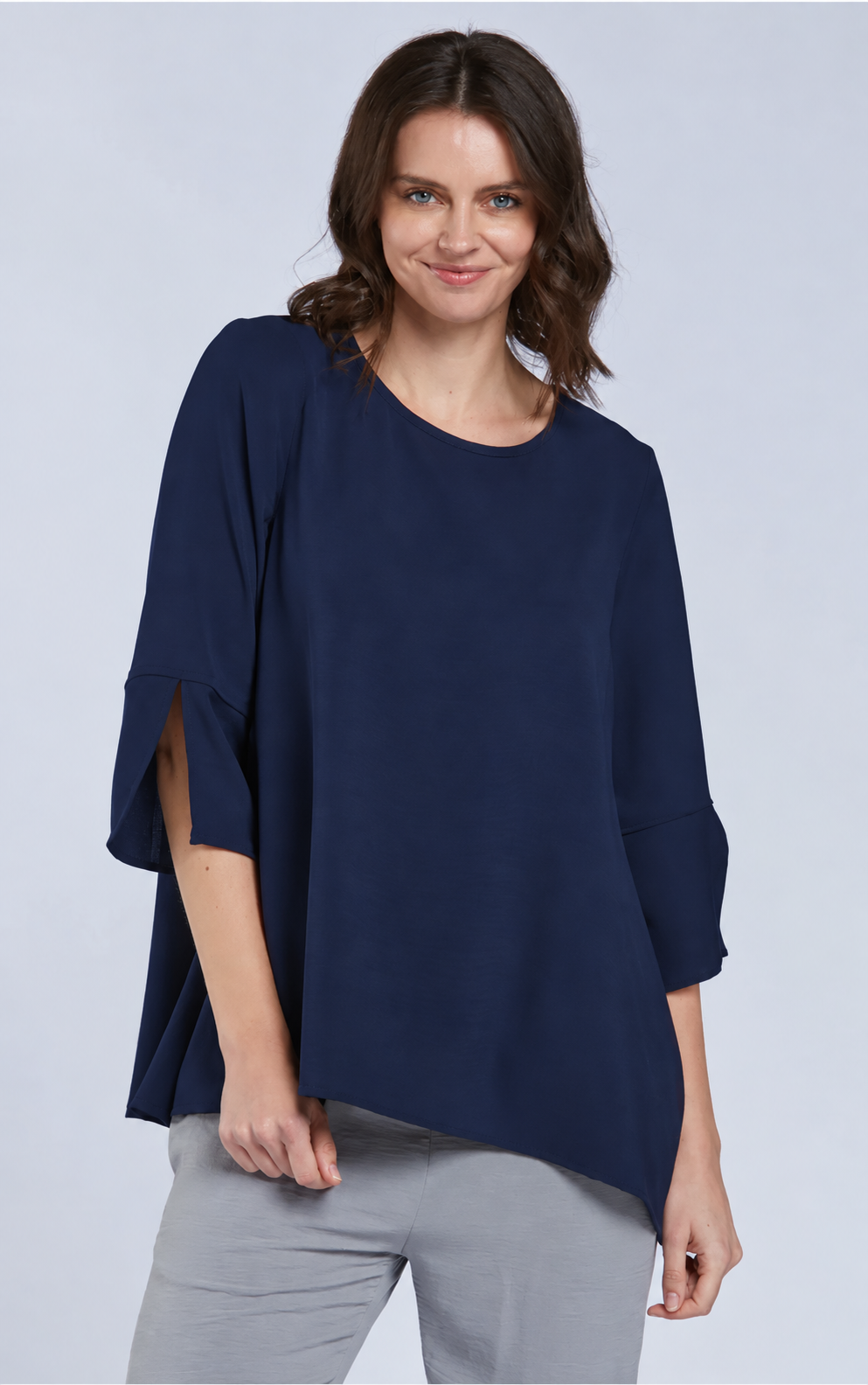 Sydney Project Belle Round Neck Flowy Top w/ 3/4 Sleeves and Slit - AFT1151 - NAVY