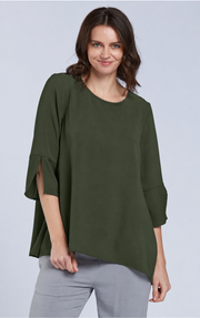 Sydney Project Belle Round Neck Flowy Top w/ 3/4 Sleeves and Slit - AFT1151 - OLIVE