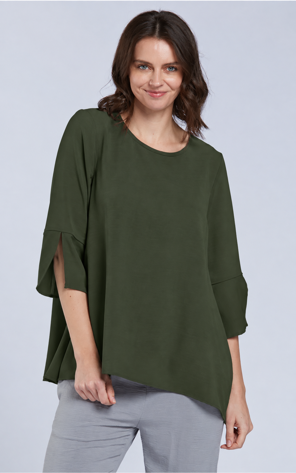 Sydney Project Belle Round Neck Flowy Top w/ 3/4 Sleeves and Slit - AFT1151 - OLIVE