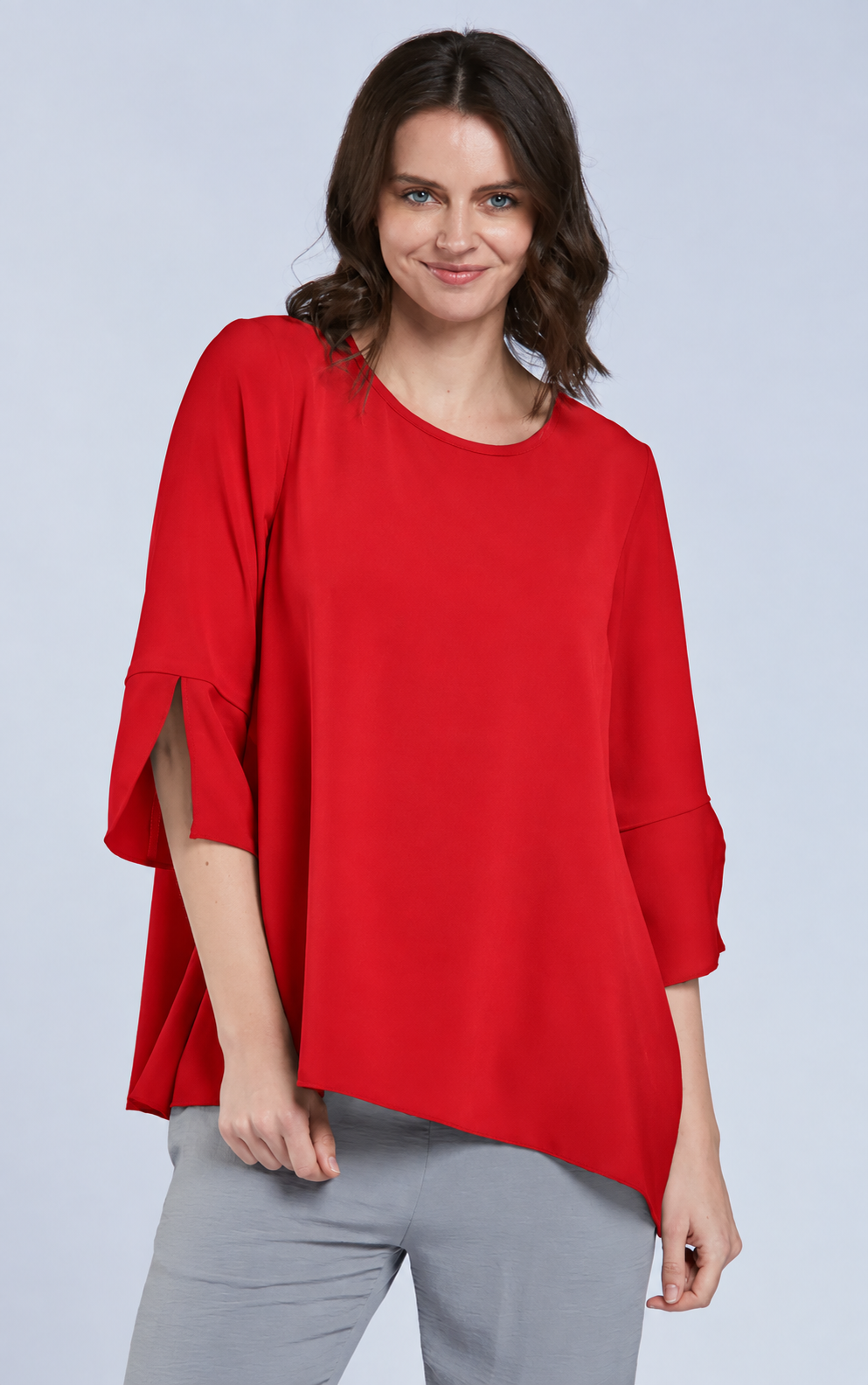 Sydney Project Belle Round Neck Flowy Top w/ 3/4 Sleeves and Slit - AFT1151 - RED