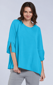 Sydney Project Belle Round Neck Flowy Top w/ 3/4 Sleeves and Slit - AFT1151 - TURQUOISE