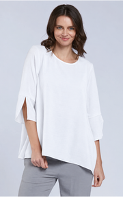 Sydney Project Belle Round Neck Flowy Top w/ 3/4 Sleeves and Slit - AFT1151 - WHITE